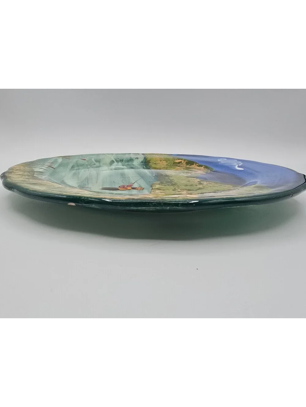 Vintage LESAL Hand Painted Fly Fishing Landscape Art Pottery Plate